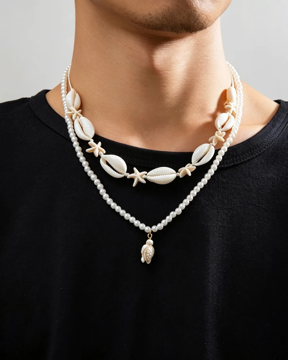 Seaside Serenity Duo Alloy Handmade Geometric Shell Beaded Turtle Necklace