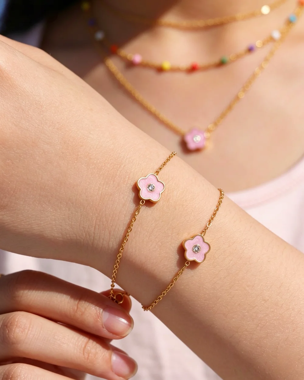 stainless steel and titanium steel Oil-Dropped zircon small flower set electroplated for kids and unisex fashion style