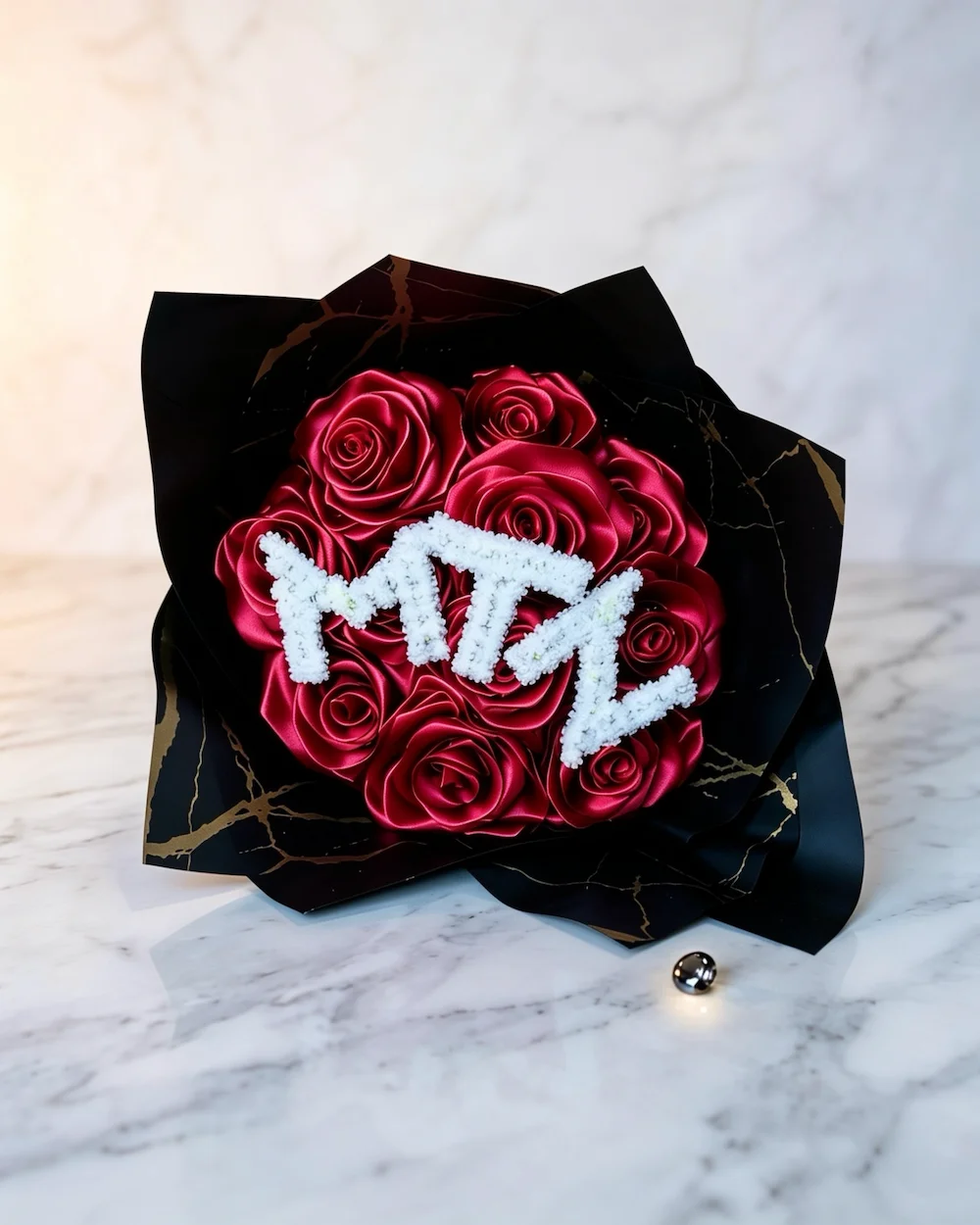 Custom Letter Velvet Vows Eternal Rose Ribbon Bouquet